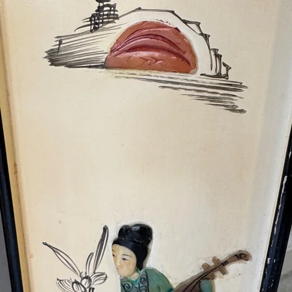 Vintage Asian Folding Screen with raised stone with inlay Asian ladies - Picture 11 of 14